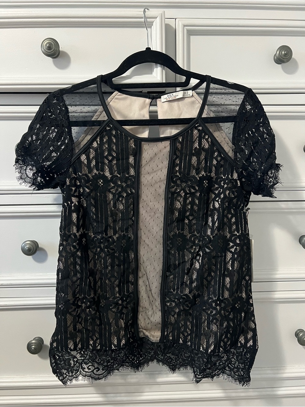 Dex Black Lace & Nude Illusion Short Sleeve Blouse
